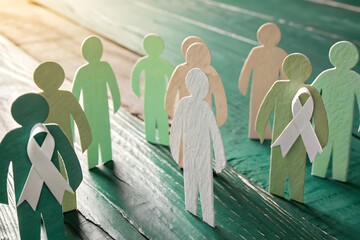 a close up view displays colorful wooden people figures standing on a green wooden surface some holding ribbons symbolizing support and awareness
