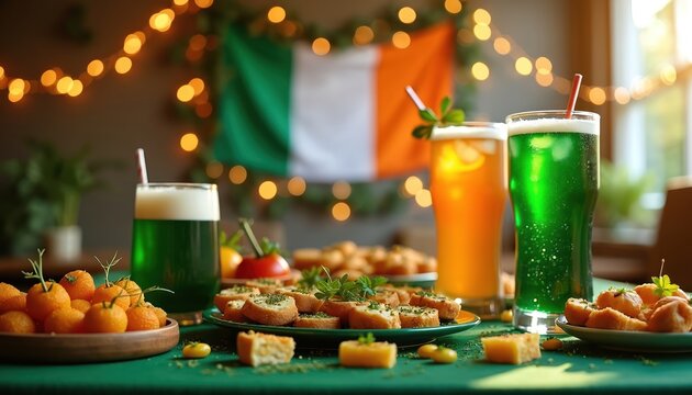 Table set for St. Patricks Day feast with green beer orange drink snacks and appetizers. Irish flag decorates background with festive bokeh lights. Holiday meal setup.