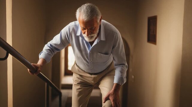An elderly man struggles with knee pain while climbing stairs, using the handrail for support in a softly lit indoor setting.
