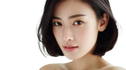 Close-Up PNG Portrait of a Japanese Woman with Flawless Porcelain Skin and a Sleek Black Bob
