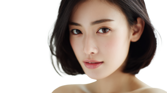 Close-Up PNG Portrait of a Japanese Woman with Flawless Porcelain Skin and a Sleek Black Bob
