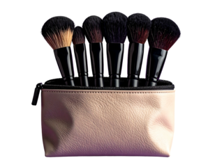 Close-up of makeup brushes with dark handles neatly arranged in a soft pink zipped pouch against a black background