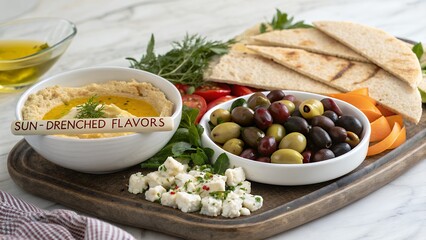 A Mediterranean platter with hummus olives feta cheese and pita with tag sun drenched flavors