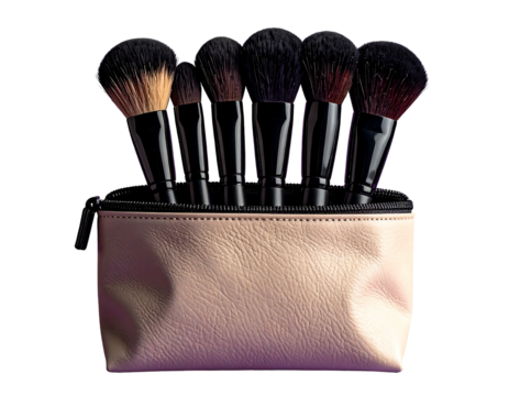 Close-up of makeup brushes with dark handles neatly arranged in a soft pink zipped pouch against a black background