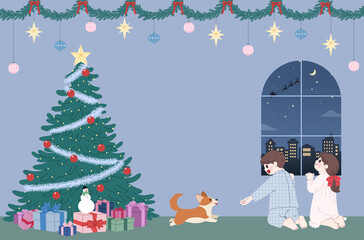 Cozy Christmas Eve with Children, Corgi, and Santa's Sleigh