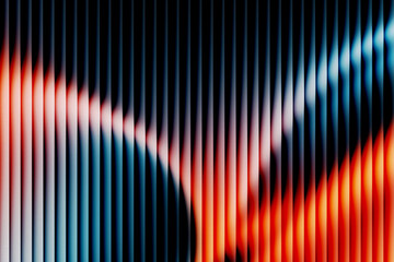 Abstract futuristic background with vertical 3D panels. Dynamic glowing light wave with blue, red, and orange color gradient. Motion effect on black striped surface with grain texture.