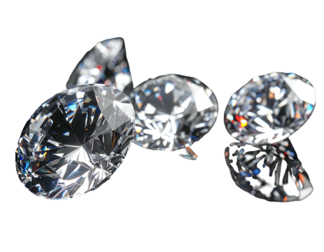 Close-up of multiple, highly reflective, sparkling gemstones on a black background. Each stone features intricate facets