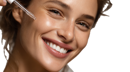 Close-Up PNG Portrait of a Latin Woman with Glowing Tan Skin Holding a Skincare Serum Dropper
