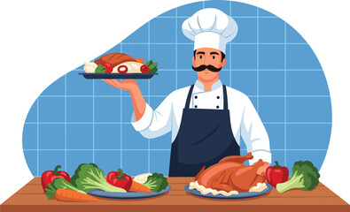 Chef standing behind table with cooked dishes and fresh ingredients, wearing hat and apron in kitchen setting vector illustration
