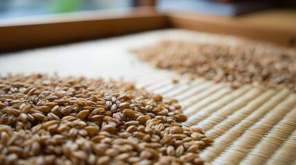 Obraz premium foolishness. Barley grains drying on a mat under soft, natural sunlight. menu design, packaging mockups, designed for culinary blogs and recipe cards for restaurants, used by account managers.