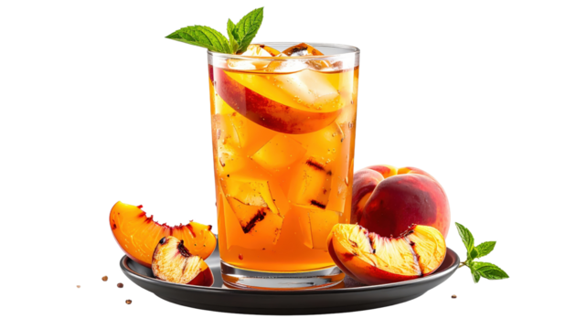 Refreshing Peach Iced Tea with Grilled Peach Slices and Mint Garnish