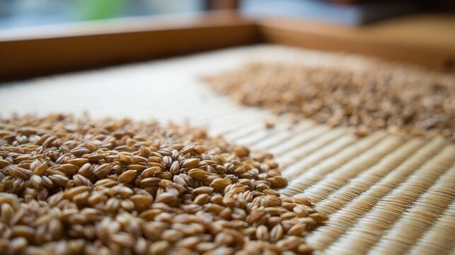 foolishness. Barley grains drying on a mat under soft, natural sunlight. menu design, packaging mockups, designed for culinary blogs and recipe cards for restaurants, used by account managers.