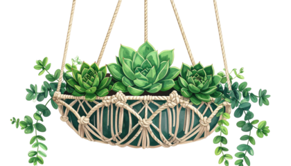A trio of green succulents thrives within a woven hanging planter. Trailing vines add to the charm