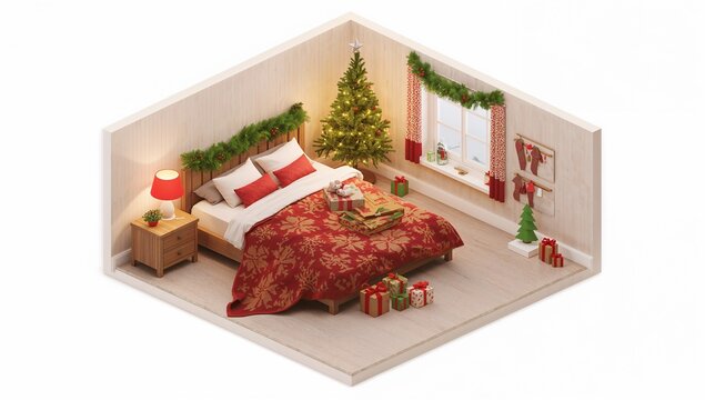 A festive Christmas bedroom, adorned with a Christmas tree, garlands, and wrapped gifts, radiates cozy warmth, creating an atmosphere of yuletide cheer and festive celebration.