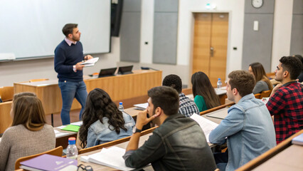 Group of People Meet During Education Session. Students Listen to Teacher's Presentation During Seminar at Speaker Development Meeting. University Classroom Presenter to Graduate Students. MBA