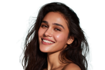 A close-up portrait of a Latin woman with warm tan glowing skin, radiating health and vitality