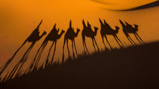 caravan. Silhouettes of a camel caravan traverse golden sand dunes under a dramatic desert sunset. inspiring travel planning, travel magazines, designed for outdoor magazines and nature guides.