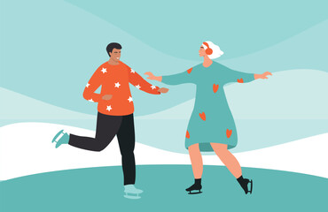 Vector illustration in a flat style. Happy couple ice skating in winter.