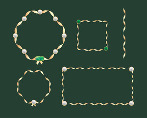 ゴールドリボンと宝石のウェーブ状フレームセット  豪華でエレガントなリボン装飾の枠素材