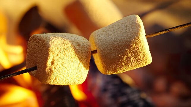 caramelization. Close-up of marshmallows roasting over a campfire, glowing with a warm golden light in a soft outdoor setting. menu design.