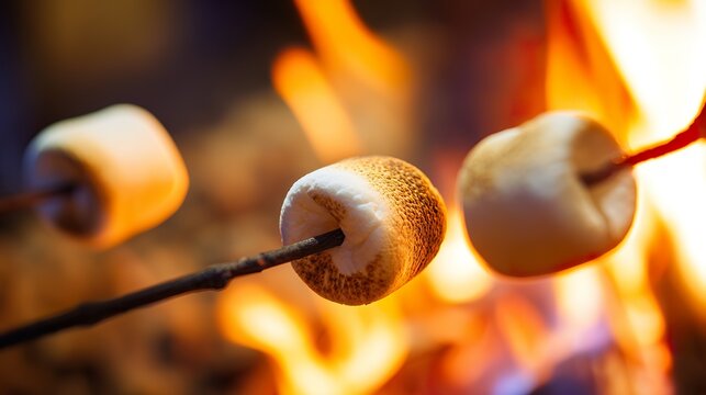 caramelization. Close-up of marshmallows roasting over a campfire, glowing with a warm golden light in a soft outdoor setting. menu design.