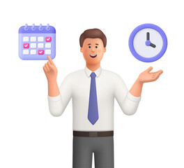 Young smiling businessman Ted pointing at calendar and clock. Time management, productivity, self organization, business planning concept. 3d vector people character. Cartoon minimal style.