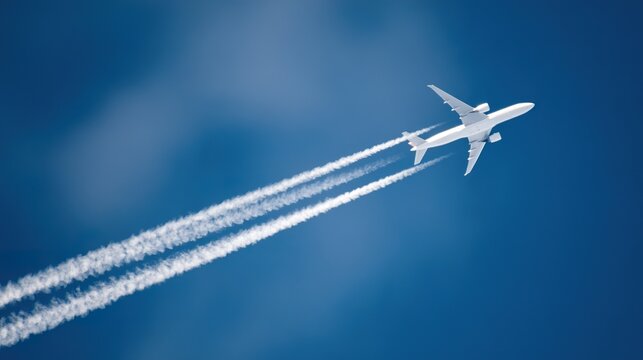 contrail. A commercial jet soaring into a clear blue sky, leaving white contrails against a backdrop of clouds. mobility guides, transit brochures, designed for transport & logistics marketing.