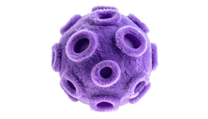 A fluffy, spherical object with multiple circular openings, rendered in a vibrant shade of purple against a stark, black background