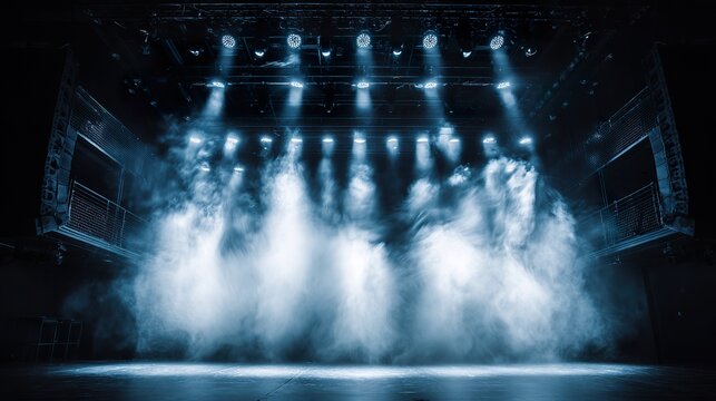 showbiz. Empty stage with dramatic smoky spotlight effect, atmospheric lighting, dark theater background with soft focus. event programs.