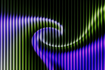 Abstract technology background with vertical 3D panels. Dynamic glowing light swirl of purple, green, and white. Grainy texture on black surface.