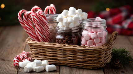 Festive holiday basket filled with candy canes, marshmallows and chocolate pieces in jars on a rustic wooden table