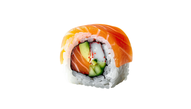 Sushi roll with rice, salmon, avocado, and other ingredients