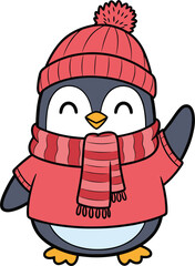 Cute cartoon penguin in red winter clothes waving cheerfully, festive character for holiday themes, kids content, and seasonal design