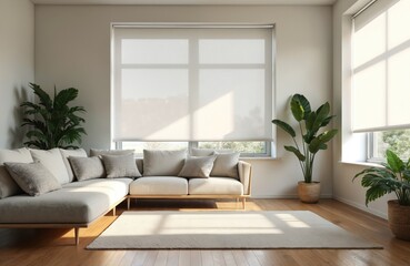 Fototapeta premium Bright modern living room features sectional sofa, large windows with white roller blinds, green houseplants, wooden floor. Sunlight streams through window creating shadows. Neutral color palette