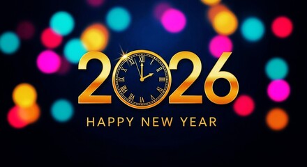 Golden '2026 Happy New Year' text with a clock face, surrounded by vibrant bokeh lights on a dark background, celebrating the upcoming year.