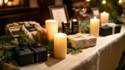 Elegant holiday gift display with lit candles greenery and neatly wrapped packages on a festive table