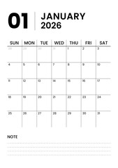 Printable Minimalist Monthly Calendar Template for January 2026 in Portrait Format. Monthly Calendar Planner Template for 2026. Week Starts on Sunday