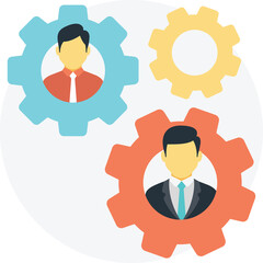 Teamwork Concept With Two Men Inside Gears Blue Orange Yellow Colors Flat Design Illustration With Transparent Background