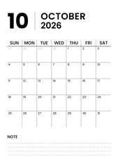 Printable Minimalist Monthly Calendar Template for October 2026 in Portrait Format. Monthly Calendar Planner Template for 2026. Week Starts on Sunday