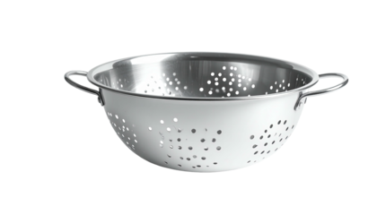 Shiny metal colander with two handles against a black backdrop