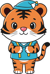 Cute cartoon tiger character in blue outfit with sleeping cap, standing upright and smiling on white background, children’s illustration