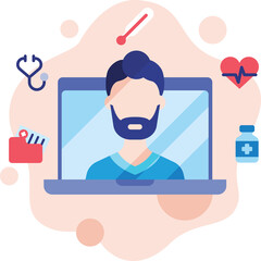 Telemedicine Concept Doctor On Laptop Screen With Medical Icons Stethoscope Thermometer Heart Rate Monitor And Pills Represents Online Healthcare Consultation And Remote Patient Care