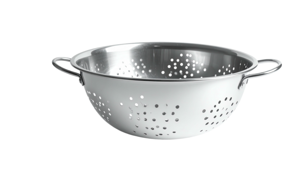 Shiny metal colander with two handles against a black backdrop