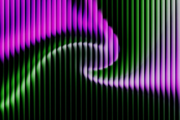 Abstract technology background with vertical 3D panels. Dynamic glowing wave of purple and green neon light in a liquid swirl. Grainy texture on black.