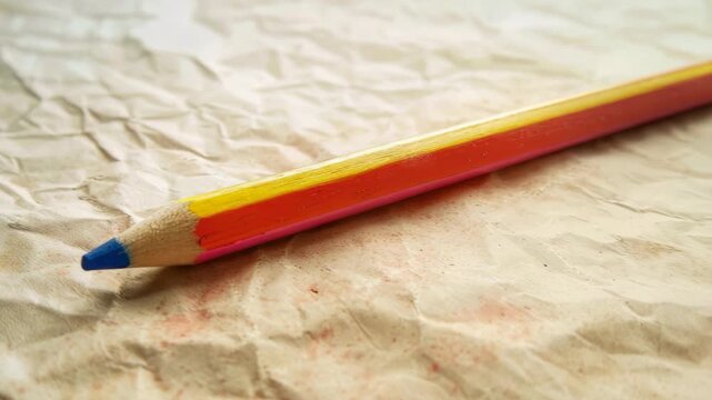 Dual-colored pencil with blue tip on crumpled paper