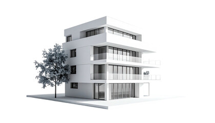 Minimalist white building with balconies and a silver tree beside it