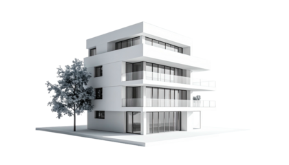 Minimalist white building with balconies and a silver tree beside it