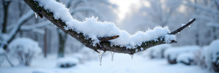 Frost-covered tree branch with intricate snowflakes and hanging icicles against blurry winter forest background, representing delicate winter beauty and natural artistry