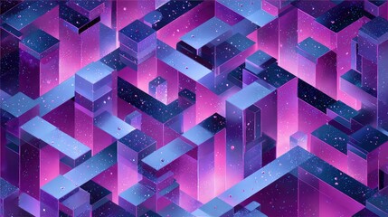 Futuristic isometric cityscape with glowing purple and blue colors