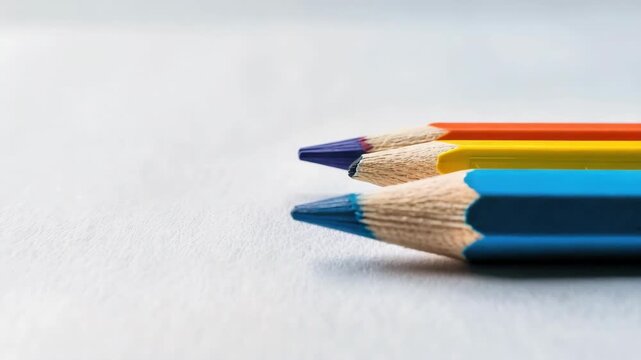 Three colored pencils on white paper surface